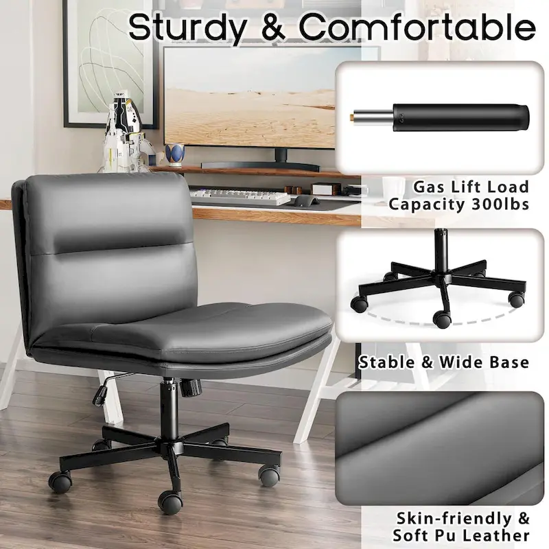 Cross Chair with Wheels,PU Leather Armless Cross Legged Office chair, Adjustable Wide Seat Task Vanity Chair