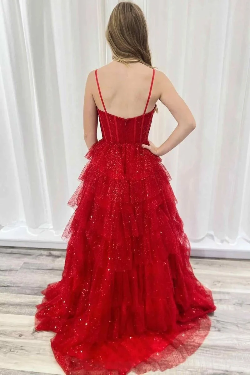 Gorgeous Sparkle Tulle Red Spaghetti Straps Ruched Prom Dress