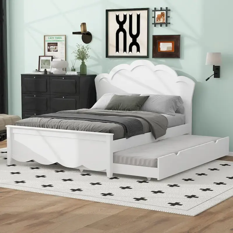 White Full & Twin Trundle Platform Bed with Headboard, Sleeps 2
