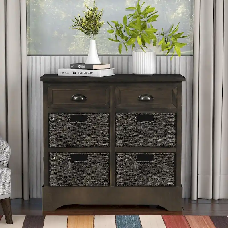 Light Grey / Antique Navy / White Washed Farmhouse Storage Cabinet with 2 Drawers & 4 Rattan Baskets