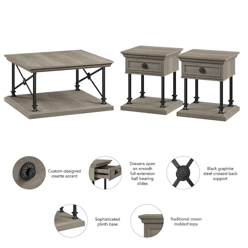 Black Square Coffee Table with 2 End Tables