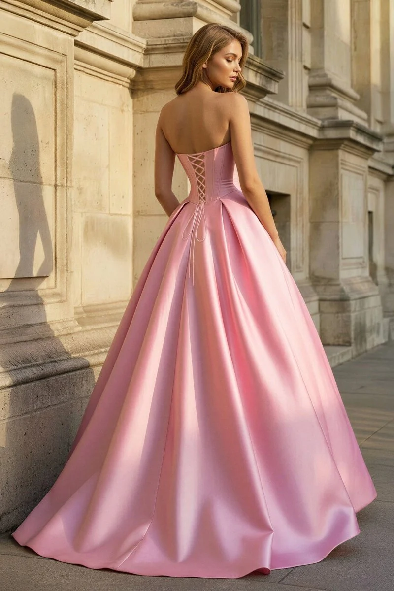 Pink Strapless A Line Pleated Satin Long Prom Dresses With Flower