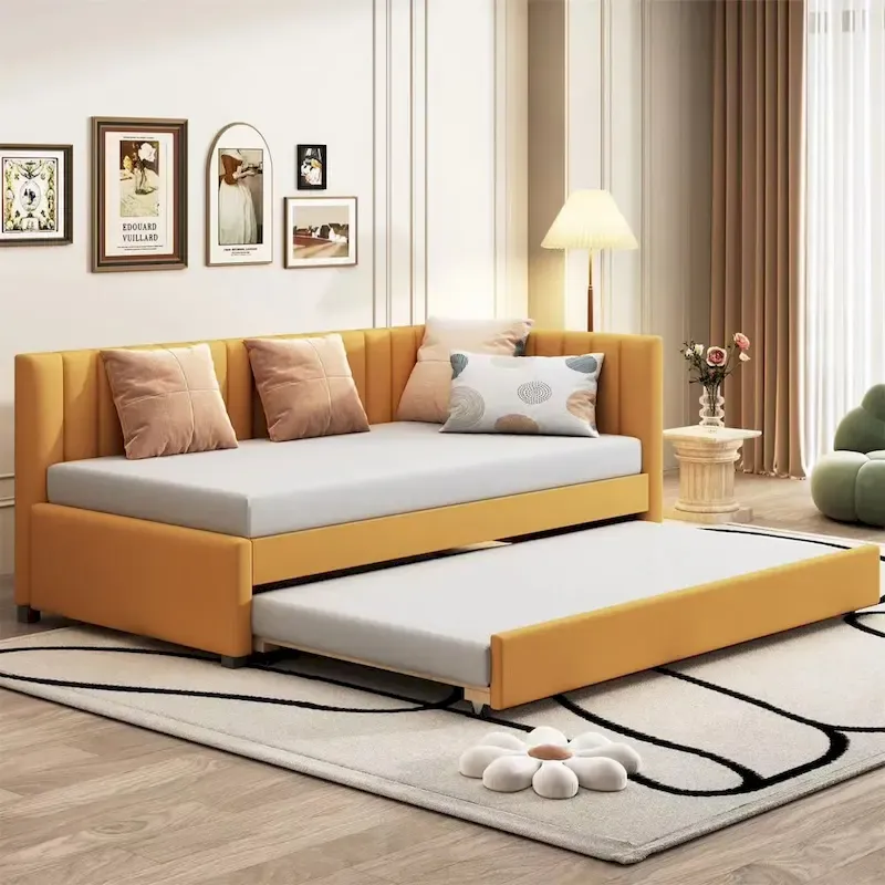 Twin Upholstered Daybed with Trundle – Yellow / Grey / Beige / Pink, Semi-Closed, Sleeps 2