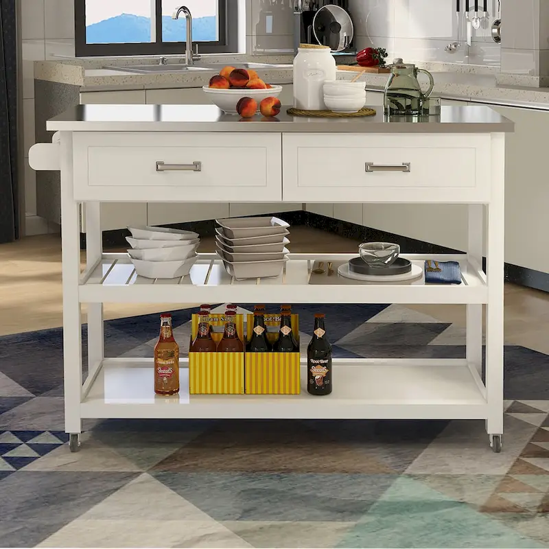 Stainless Steel Table Top White Kicthen Cart With Two Drawers(no include stool)