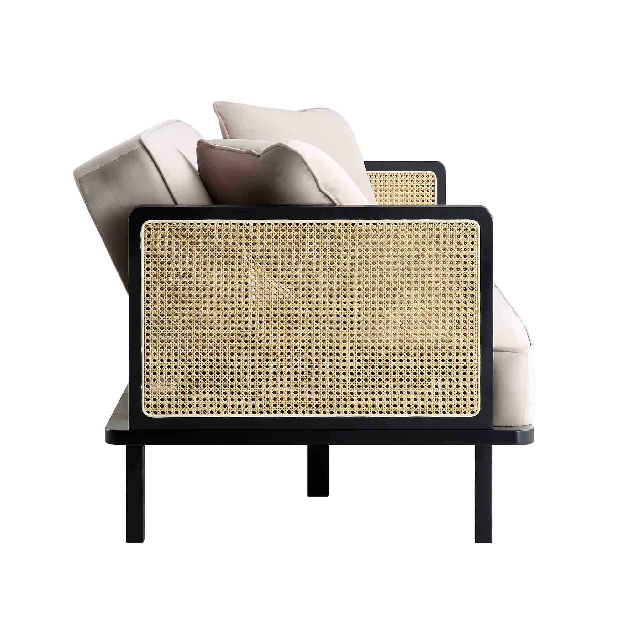 Solid Wood and Cane Sofa Bed, Taupe Velvet with Black Frame