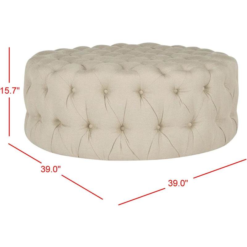 Round Button-Tufted Linen Ottoman – Mushroom / Grey / Antique Gold / Wheat / Bordeaux / Navy / Taupe, Single