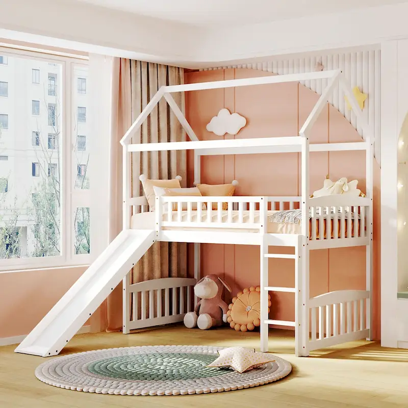 Twin Loft Bed with Slide, Playhouse Style, for 1 Child – Grey / White / Espresso