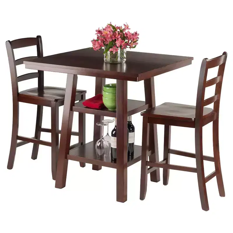 3pc Orlando with 2 Shelves Counter Height Dining Set Wood/Walnut - Winsome: Breakfast Table, High Top Design