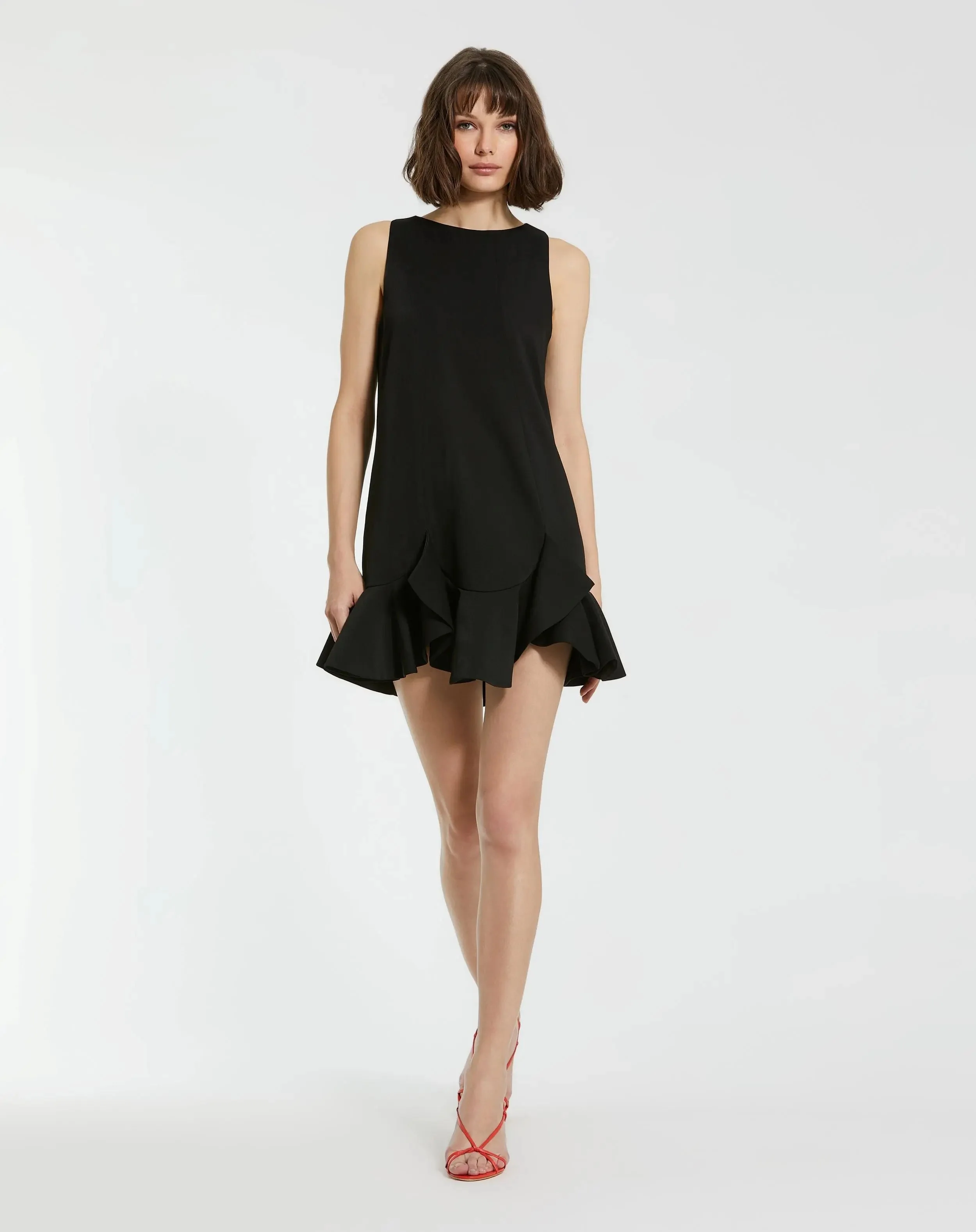 The Mia Black High Neck Sleeveless Crepe Mini Dress With Ruffle Hem