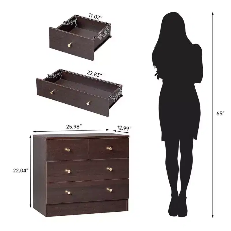 Karl Home 26 Inch Three Tier Four Drawer Dresser With Matte Gold Handles