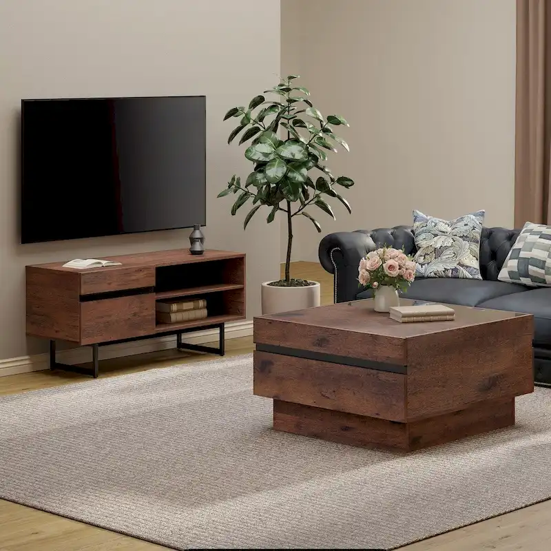 Modern TV Stand & Coffee Table Set of 2 – Walnut Wood Grain, Tempered Glass Top & Hidden Storage