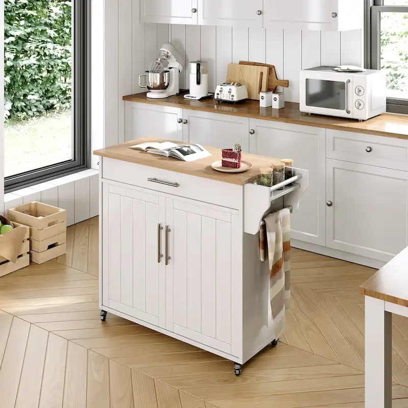 White/Grey Rolling Kitchen Island with Drop Leaf & Storage Cabinet, 1-Person