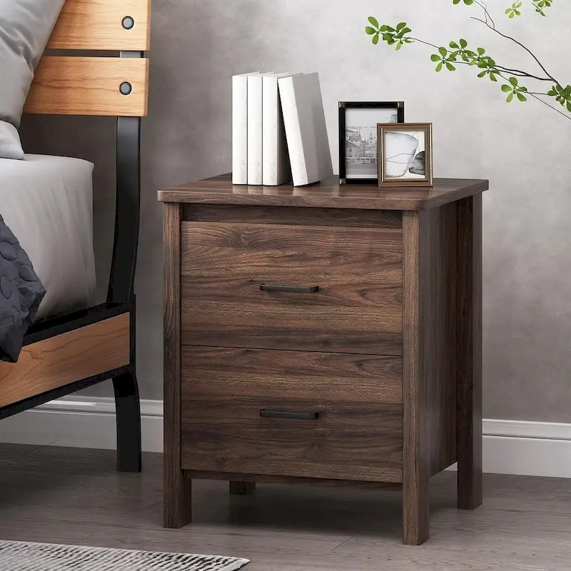 Modern Nightstand with 2 Drawers and Metal Handles