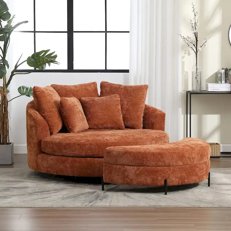 Modern Sofa Chair Round Accent Barrel Chair With 5 Pillows and Optional Ottoman