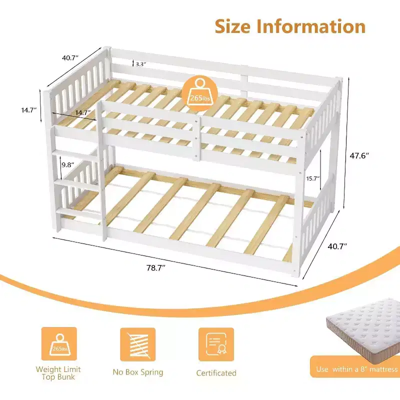 JOYMOR Solid Wood Low Twin Over Twin Bunk Bed for Kids/Junior, Bunk Bed Frame with Guardrails & Ladder for Boys Girls, No Box Spring Needed (White)