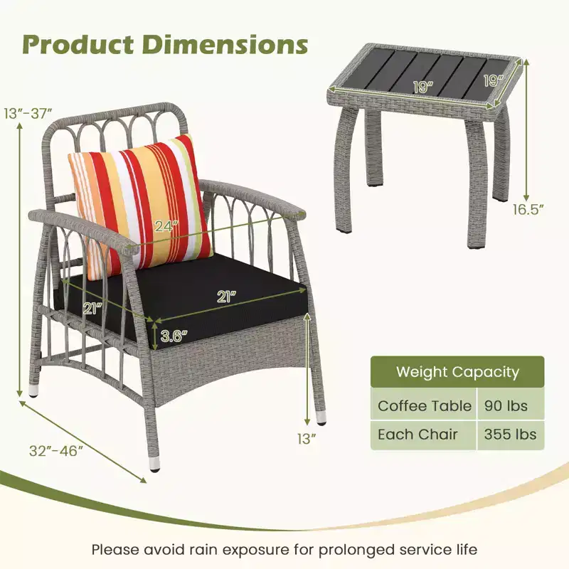 Costway 3 PCS Patio PE Wicker Furniture Set with 5-Level Adjustable Backrest Bistro Set