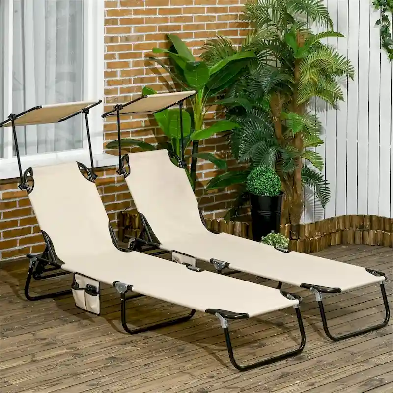 2 Piece Steel Frame Folding Chaise Lounge with Canopy Shade and Pocket