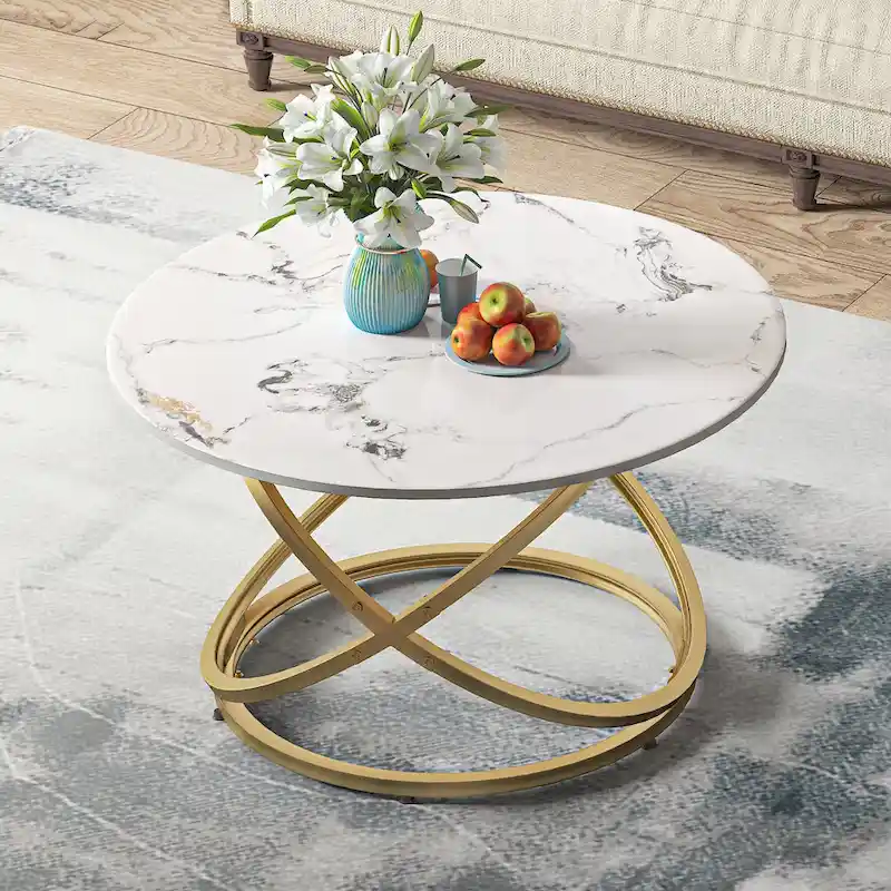 Myhozm Accent Round Glass/Stone Top Coffee Table with Metal Base