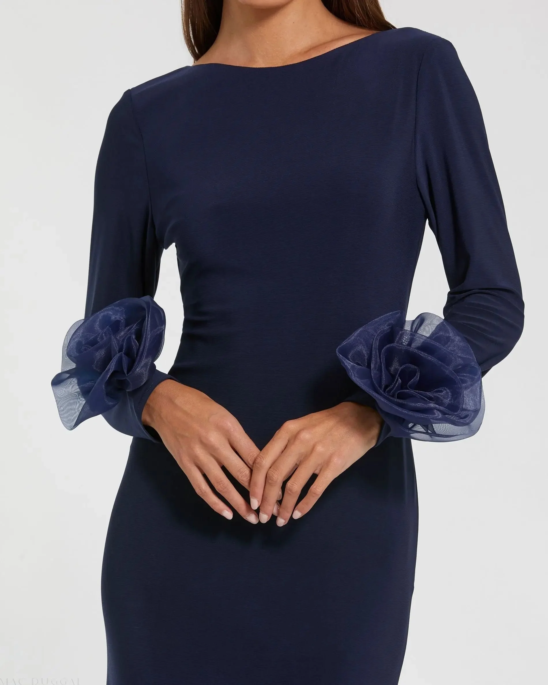 Navy Long Sleeve Fitted Jersey Gown With 3D Flowers