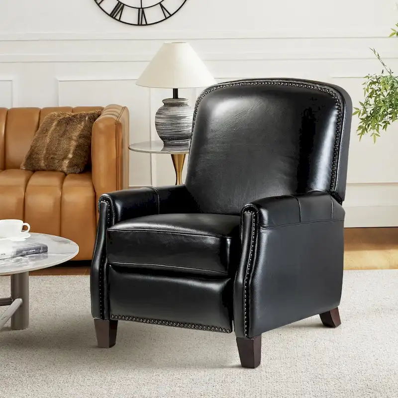 Modern Retro Genuine Leather Recliner with Nailhead Trim & Wooden Frame