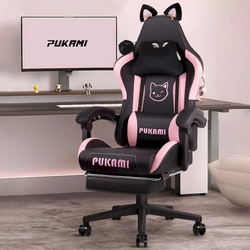 Black / Pink Kawaii Gaming Chair with Cat Ears & Footrest, for 1 Person
