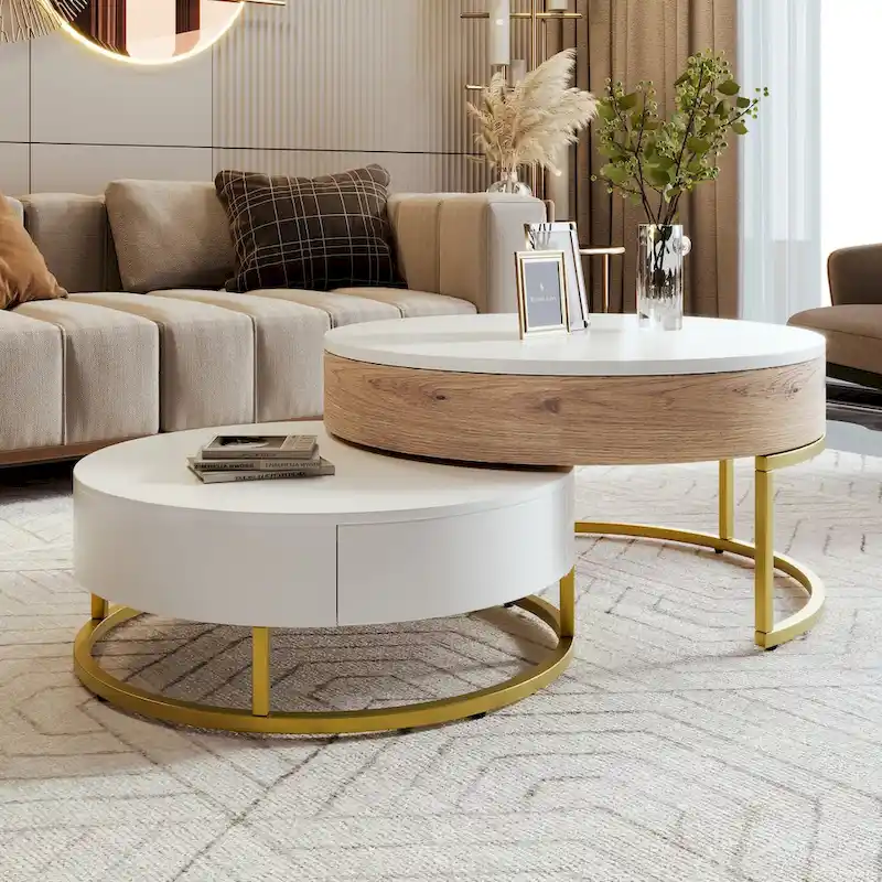 Modern Round Lift-Top Nesting Coffee Tables with 2 Drawers, Hydraulic Mechanism, MDF, White & Black