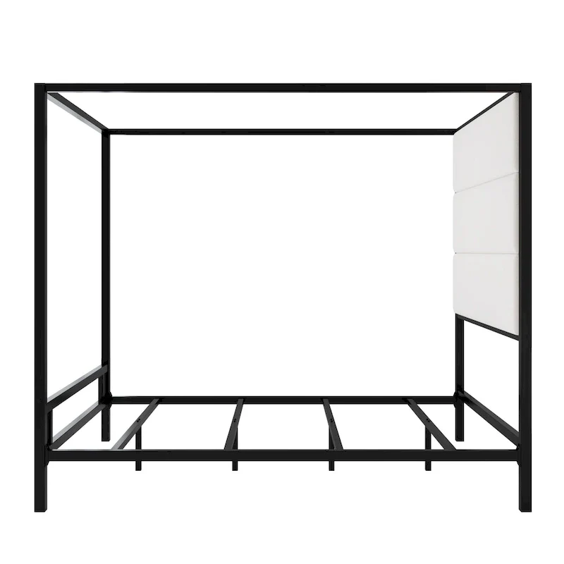 Sleek Modern Metal Canopy Bed with Tall Linen Upholstered Headboard