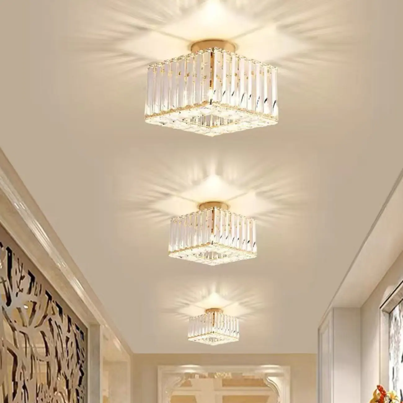 Modern Gold Square Crystal Semi Flush Ceiling Light