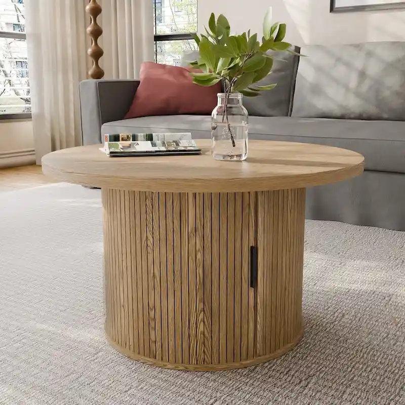 Black / Brown Tambour Door Round Coffee Table with Hidden Storage – Single or Set of 2
