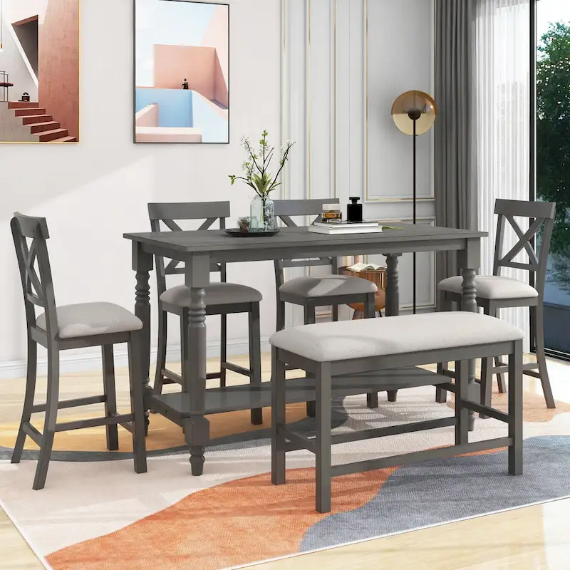 Nestfair 6-Piece Counter Height Dining Table Set with Chairs and Bench
