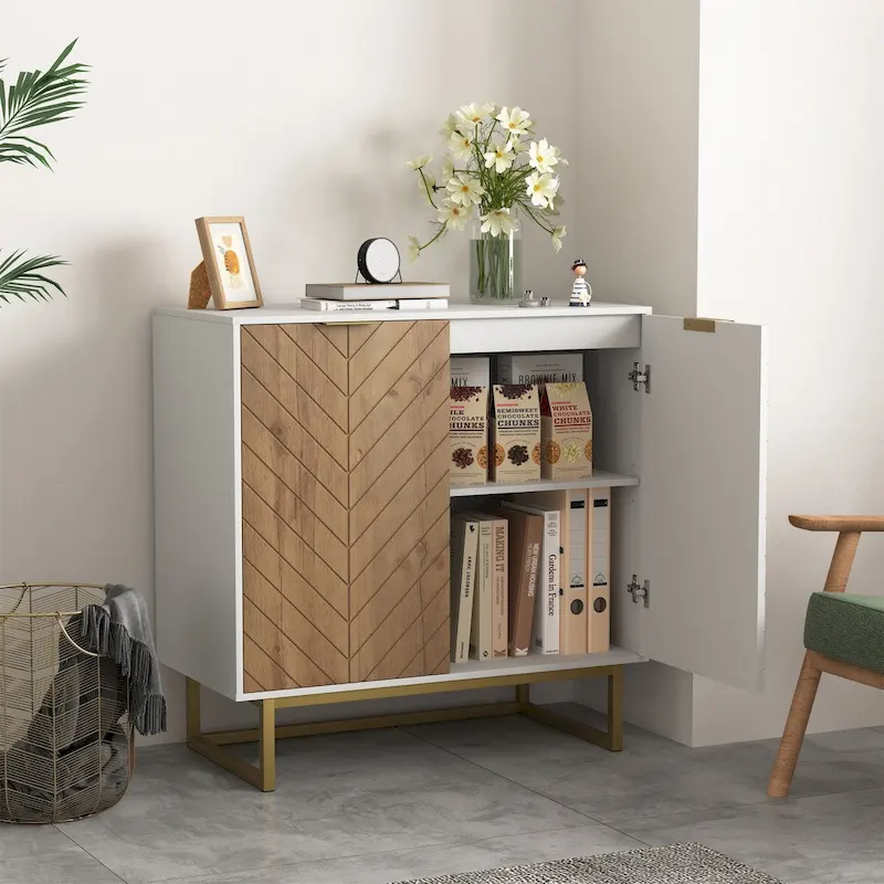 White Herringbone Buffet Sideboard Cabinet