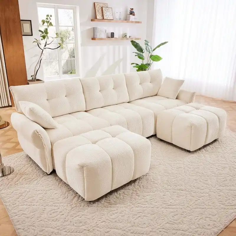 110.2 Chenille 3 Seater Upholstered Sofa, 2 Ottoman