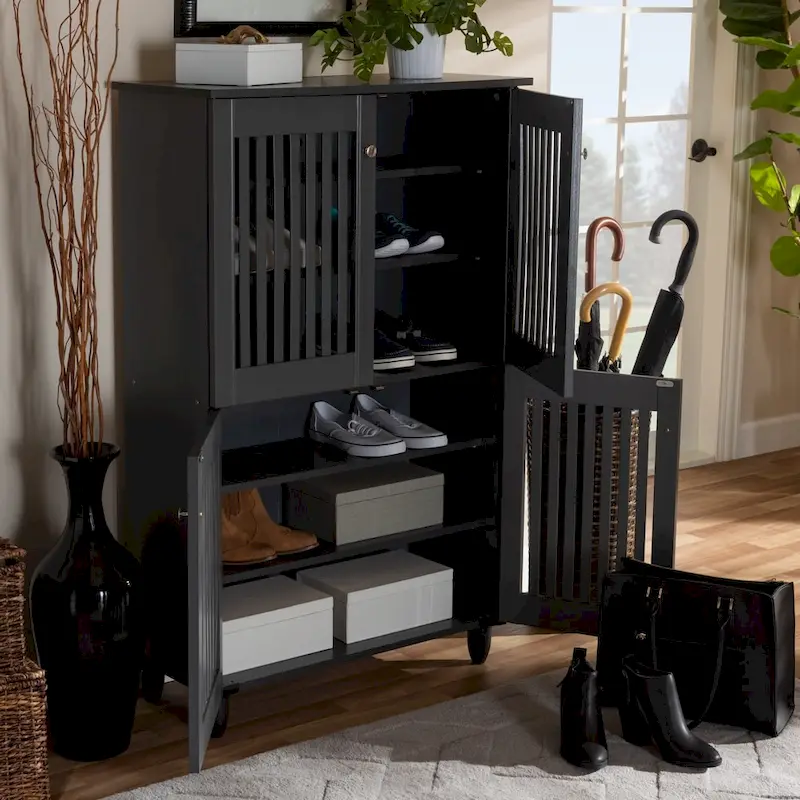 Contemporary Dark Grey Shoe Storage Cabinet with 4 Slatted Doors – Holds 18 Pairs