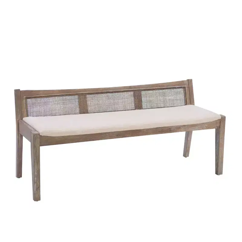 52" Bessie Solid Wood Rattan and Polyester Upholstered Bench Brown - Powell: Cane Back, Wooden Design