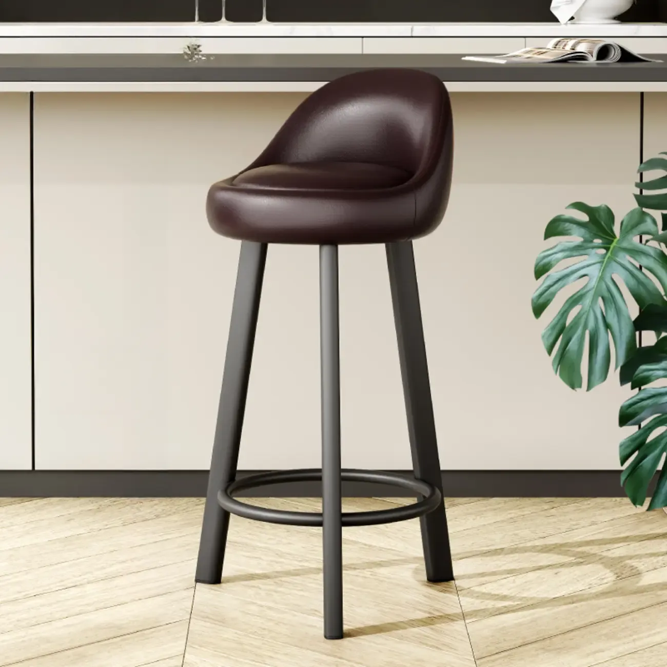 Minimalist Round Tripod Faux Leather Bar Stools