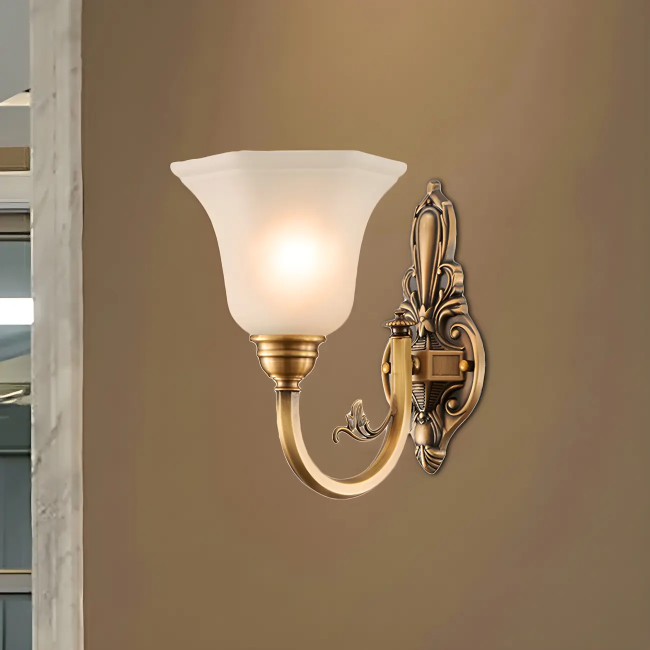 Colonial Brass Up Wall Sconce with Glass Shade for Hallway