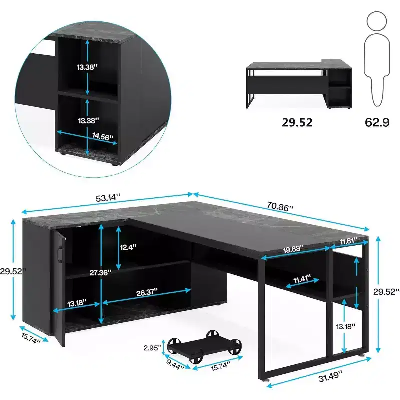 Lantine 71 inch Executive Desk, L Shaped Desk with Cabinet Storage, Executive Office Desk with Shelves for Home Office