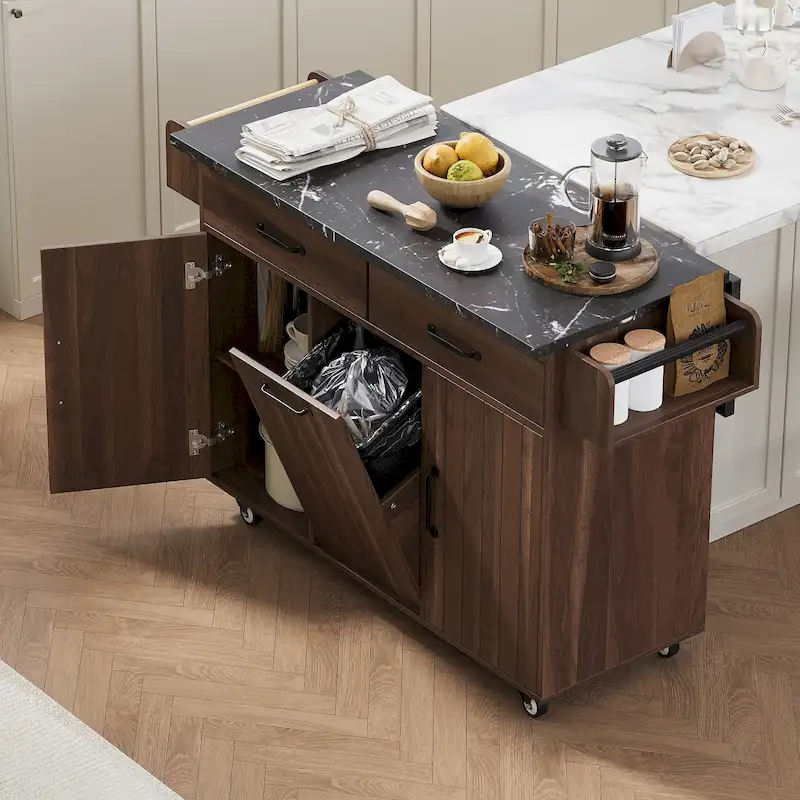 Kitchen Island with Trash Can Storage Cabinet, Rolling Kitchen Island on Wheels with Adjustable Shelf, Drop Leaf & Drawer