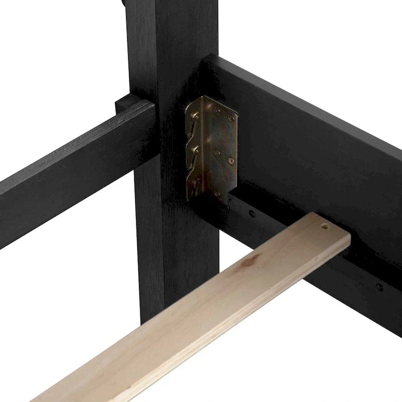 Modern Black Solid Wood Panel Bed with LED Light Headboard