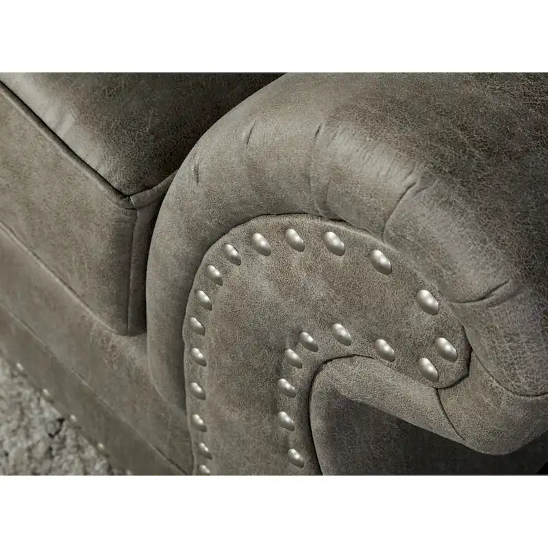 Roundhill Furniture Leinster Faux Leather Upholstered Nailhead Sofa, Loveseat, and Chair Set in Stone Gray