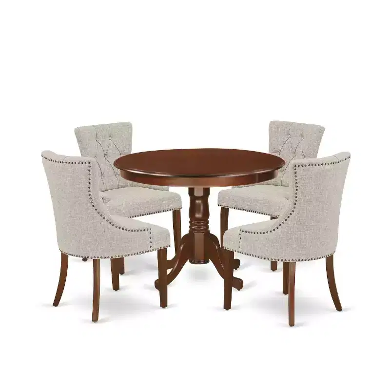 HomeStock 5-Piece Round Mahogany Finish Solid Wood Top Dining Table with 4 Parson Chair