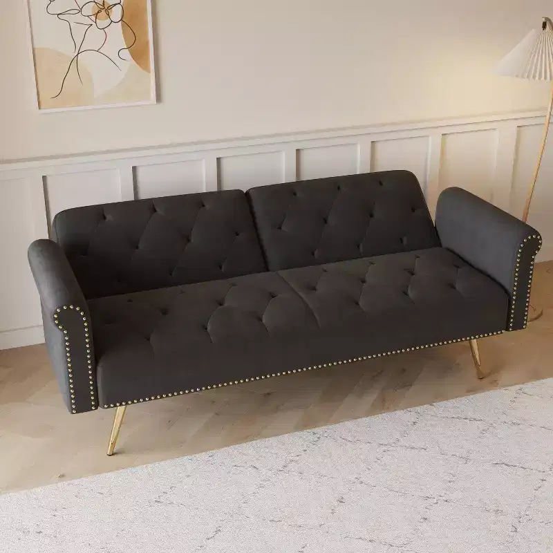 MAYEERTY Black Velvet Fabric Sofa Featuring Nail Head Trim and Accompanied By A Matching Throw Pillow