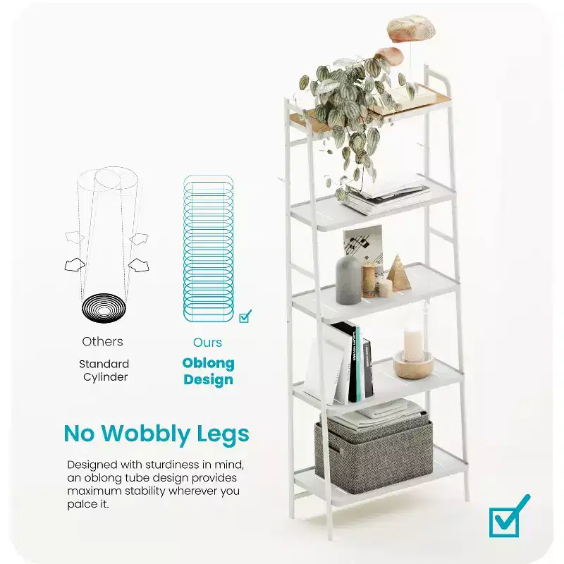 Home Zone Living 5-Tier Freestanding Storage Organizer with Bamboo Accent and Steel Frame, Vertical Space-Saving Shelf, White