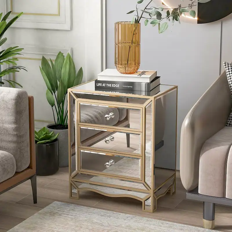 Champagne Mirrored 3-Drawer Nightstand