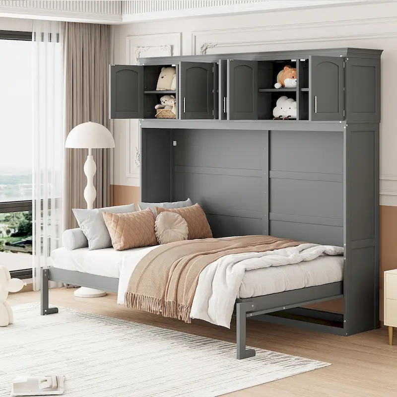 Gray Queen Size Multifunction Murphy Bed with Top Cabinets