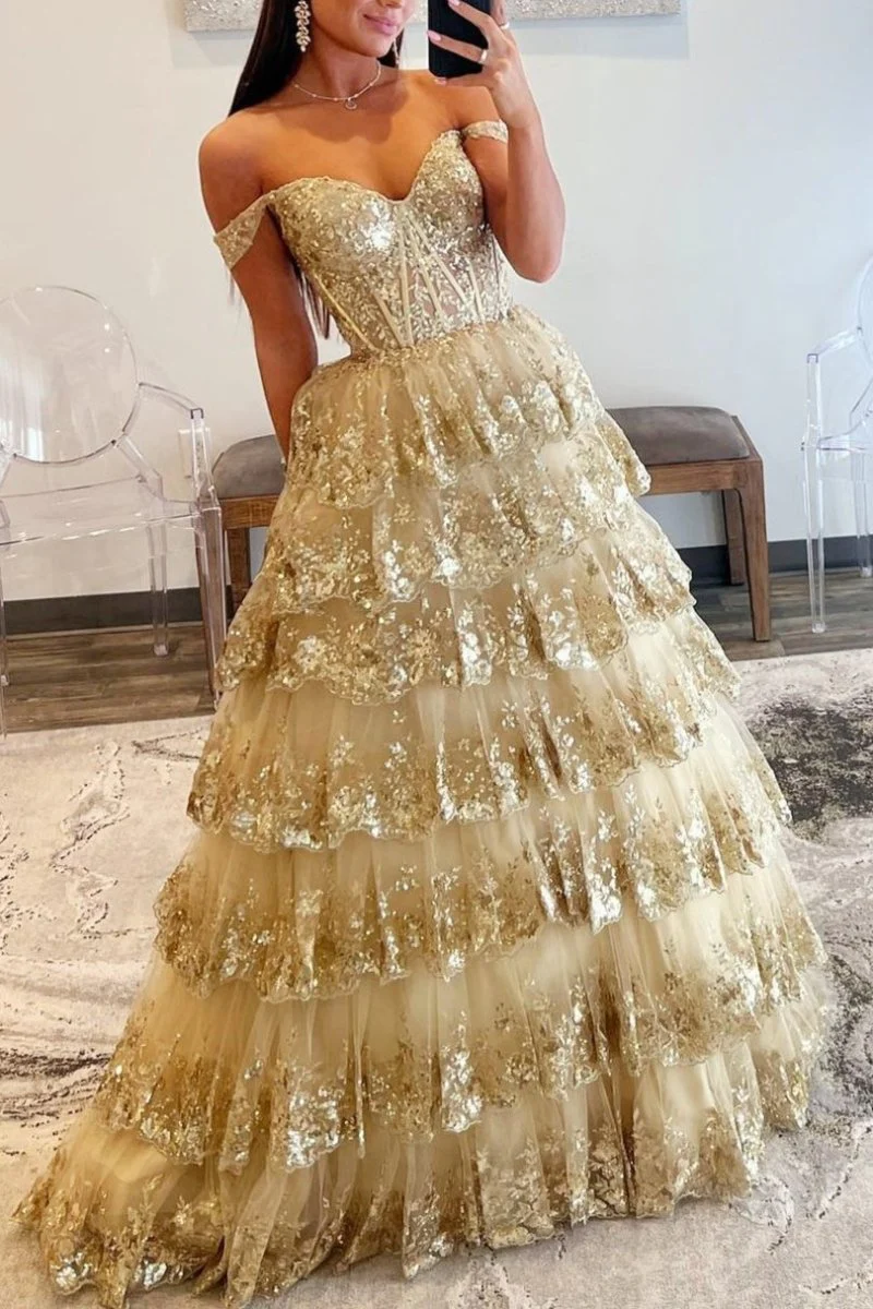 Princess Off the Shoulder Sequined Lace Prom Dress