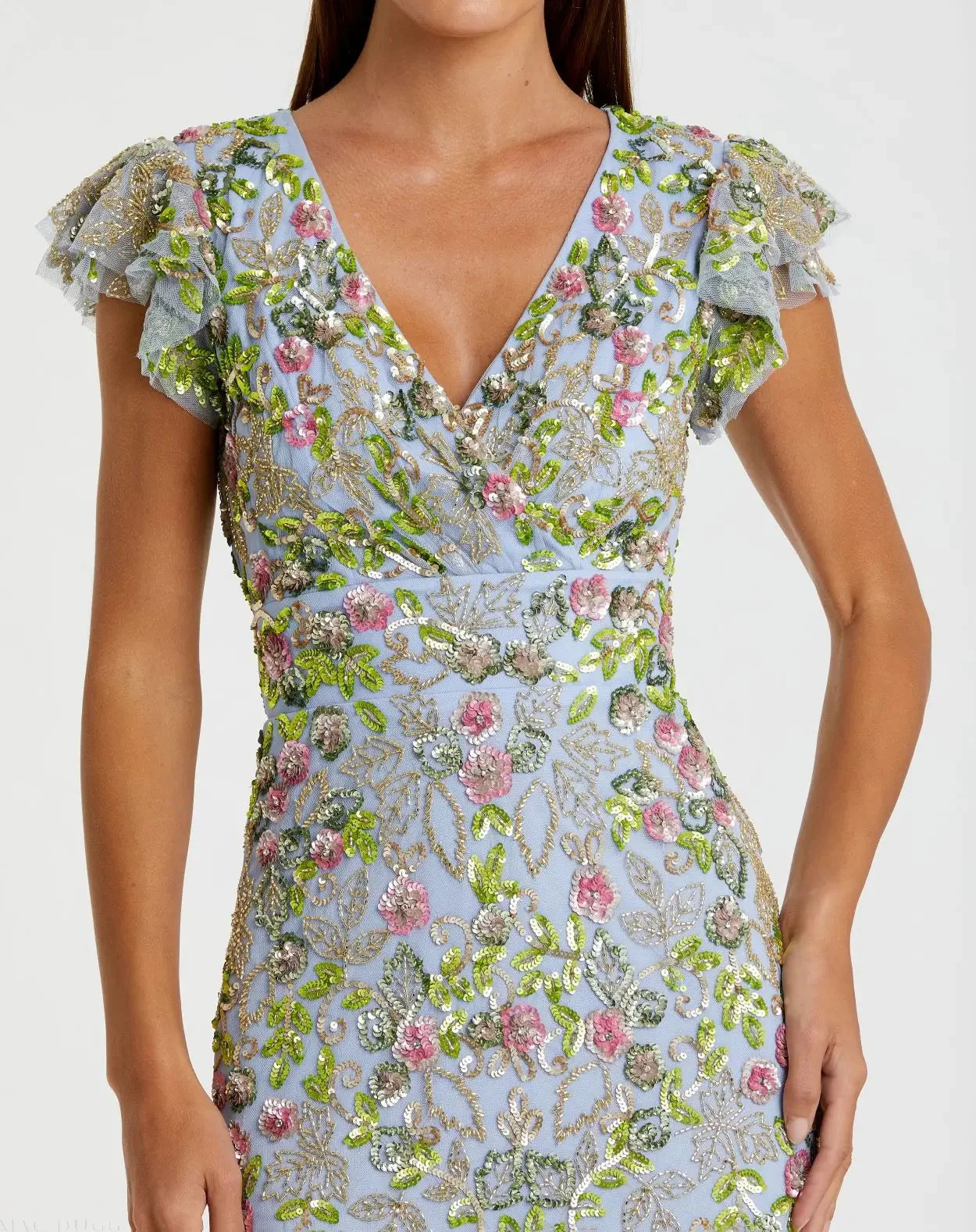 Blue Floral Sequin Embellished Flutter Cap Sleeve Dress