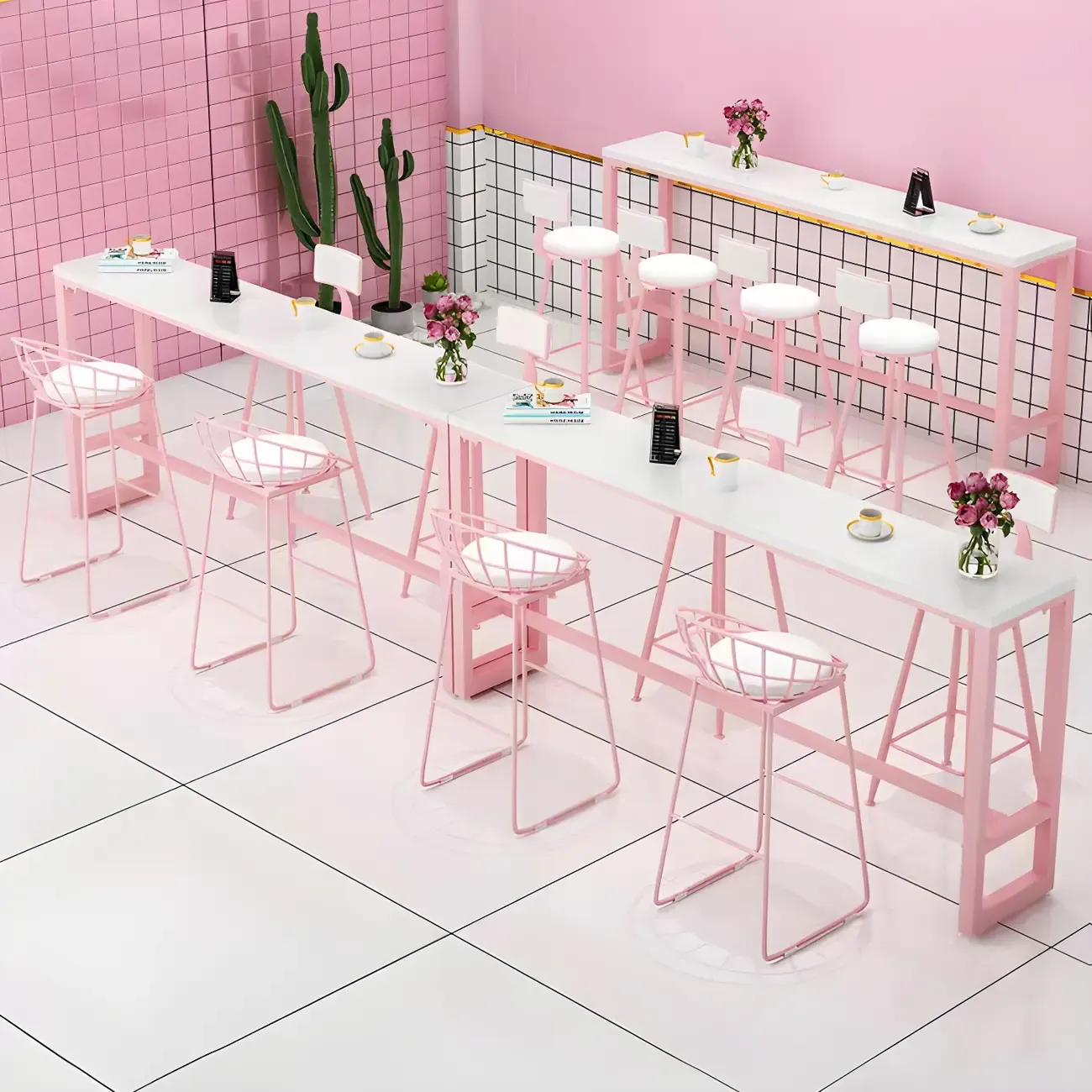 Glam Pink Rectangle Marble Long Bar Table