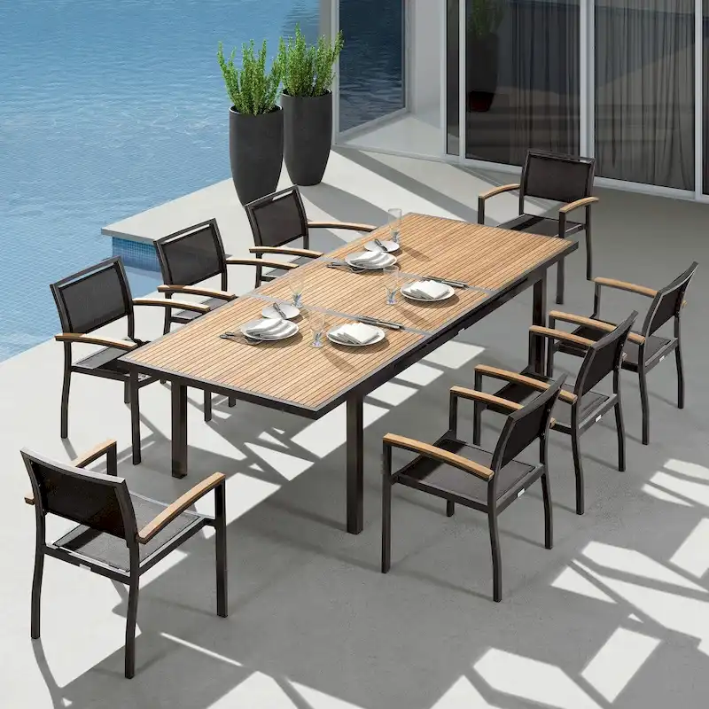 Heck Extendable Teak Outdoor Dining Set for 8/12 Person, Aluminum, by HIGOLD