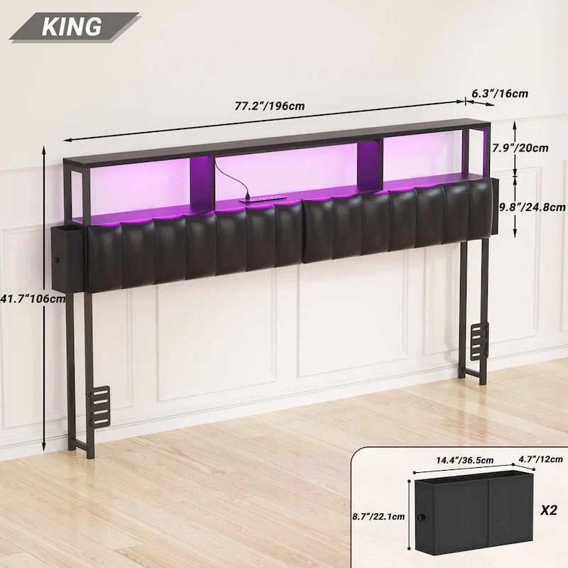 Upholstered Headboard with Hidden Drawer, Head Board with Power Outlet and LED Light